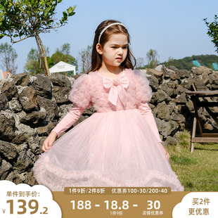 船鼠女童公主裙纱裙，泡泡袖花朵粉色蝴蝶结，洋气裙子儿童连衣裙春季