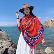 红色民族风丝巾披肩沙滩旅行防晒长款超大薄款百搭纱巾异域风围巾