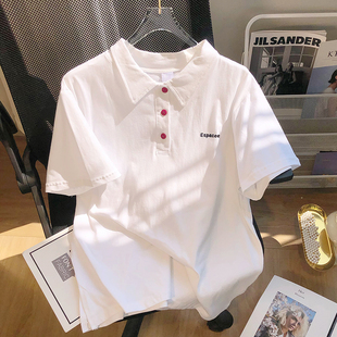 日系白色polo衫女短袖t恤夏2024年宽松字母，设计纯色简约上衣