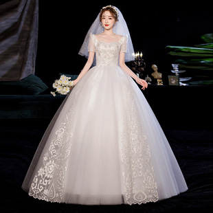 2023春季新娘结婚双肩，齐地婚纱礼服，时尚简约韩版绑带婚纱显瘦