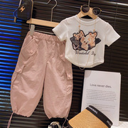 女童韩系套装夏季薄款2024夏装儿童时髦洋气T恤酷飒工装裤两件套