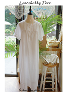 伊丝莎贝法式复古白色纯棉蕾丝vintage短袖睡衣睡裙家居服