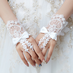 新娘婚纱手套白色蕾丝蝴蝶，结婚手套婚庆婚礼手套，短款大码绑带手套