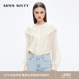 Miss Sixty2023秋季衬衫女含天丝镂空绣花娃娃领灯笼袖上衣