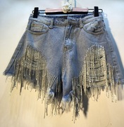 牛仔短裤女欧洲站夏季破洞腰水钻流苏链条修身显瘦直筒