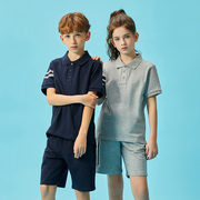 儿童学院风男女童短袖T恤中小学生夏季校服套装透气藏青色POLO衫