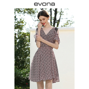 EVONA法式通勤印花雪纺黑色蕾丝拼接连衣裙设计感气质一字肩5552