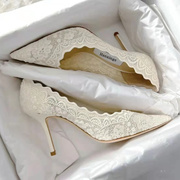 白色蕾丝婚鞋女主婚纱2022年镂空仙女网纱刺绣尖头细跟高跟鞋