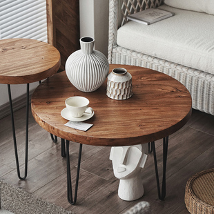 宿藤北欧现代铁艺茶几小户型圆桌实木客厅高低茶几组合老榆木茶桌
