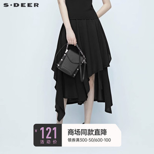 sdeer圣迪奥女装夏装黑色，不规则搭片飘带，雪纺半身裙长裙s20281109