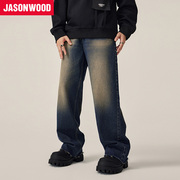 Jasonwood/坚持我的水洗复古设计感直筒牛仔裤美式高街做旧长裤男