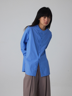 597c原创蓝色衬衫长绒棉法式简约显瘦慵懒气质上衣经典基础衬衣