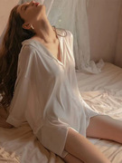 2022年雪纺春秋夏季衬衫，睡衣女性感微透白色，情调冰丝绸棉睡裙