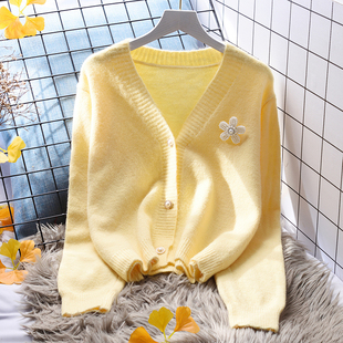 黄色小清新短款毛衣，外套女宽松外穿2022春季韩版外搭针织开衫