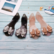 夏季平底凉鞋防滑鱼嘴塑料平跟鞋水晶透明蝴蝶结果冻鞋女防水雨鞋