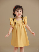 儿童背心裙黄色亲子家飞袖连衣裙夏装，2024纯色儿童裙小女孩宝