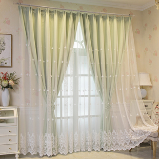 窗帘遮光布纱一体，双层飘窗客厅卧室纯色，田园简约现代绣花纱帘