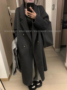yoloshop韩版秋冬慵懒高级感双面小个子羊绒，大衣灰色毛呢外套女
