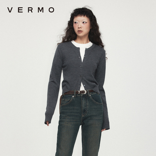 VERMO “随意智感” 经典层次叠穿 精纺全羊毛花灰色修身针织开衫