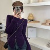 设计感收腰显瘦打底针织毛衣开衫韩国风个性不规则下摆木耳边紫色