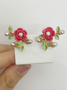 法国手工珐琅卡罗拉玫瑰红色花朵珍珠枝叶耳环，耳夹戒指手链项链
