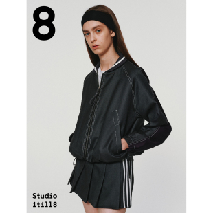studio1till88运动感撞色休闲拉链，短款夹克外套，百褶短裙裤套装