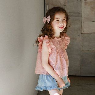 夏款女童蕾丝花边短袖衬衫韩国版儿童装甜美上衣镂空飞袖T恤