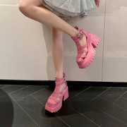 2024夏季罗马凉鞋，女真皮镂空防水台超高跟，小个子增高凉靴
