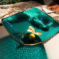 北欧风手绘金边四方斗笠玻璃，碗彩色沙拉碗描金，锤纹蔬菜水果碗餐盘