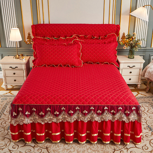 公主风大红色夹棉床裙三件套蕾丝加厚防滑床罩四季床套全包床头罩