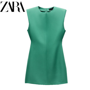 ZA 24绿色圆领无袖垫肩短裙简约修身绉布连衣裙 2586323 513