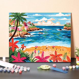 数字油画diy填充手工少女治愈地中海沙滩风景填色手绘丙烯油彩画