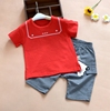 衣拉拉夏季男童短袖套装，男宝宝大红色，短袖t桖五分条纹哈伦裤