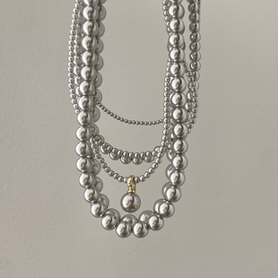 真多麻仿贝壳珍珠项链正圆，强光铂金灰色，清冷高级轻奢小米珠锁骨链