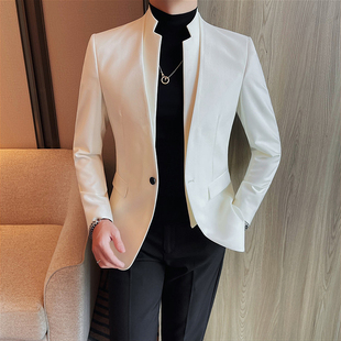 新中式国风白色西服男春秋外套假两件拼接立领设计中山装气质单西