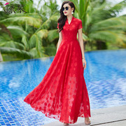 红色提花雪纺连衣裙长款2023夏显瘦时尚减龄波西米亚大摆长裙