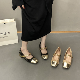 复古小香风玛丽珍鞋2024年法式粗跟芭蕾鞋，方头中跟单鞋女