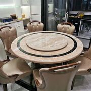 天然大理石圆餐桌带转盘x餐桌椅组合家用浅米黄色别墅欧式简