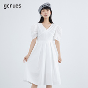 gcrues白色v领连衣裙女甜美2023夏季中长款短袖法式仙女裙子