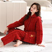 睡衣女冬天冬季三层加厚夹棉袄家居服保暖大红色大码加肥宽松套装