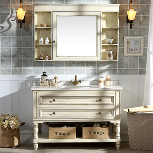 美式浴室柜组合实木落地式岩板洗脸盆，池洗漱台镜柜卫生间洗手盆柜