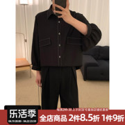 阿茶与阿古黑色明线中袖衬衫，男高级感春季设计感花苞袖休闲衬衣