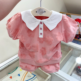 出口韩国童装女童粉色花卉套装24夏短袖(夏短袖)娃娃领花瓣t恤短裤套装