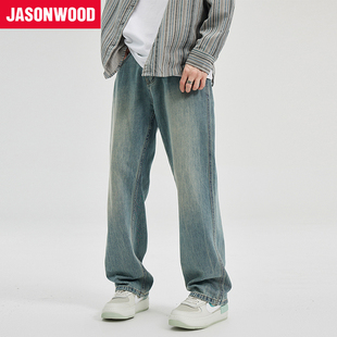 jasonwood坚持我的美式复古高街水洗牛仔裤，潮流微喇直筒长裤百搭