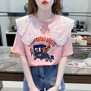 夏季韩版蕾丝娃娃领纯棉，短袖t恤女设计感减龄洋气宽松显瘦ins上衣