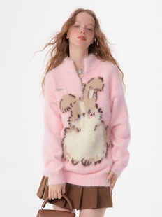 ziziFei秋冬季美式复古半高领半拉链粉色毛绒兔子图案加厚毛衣女