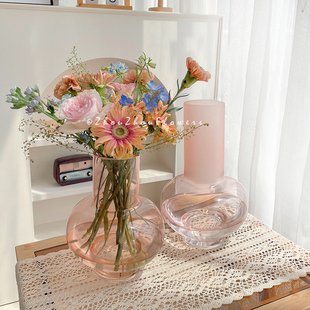 轻奢粉色玻璃花瓶插花瓶现代简约家居客厅样板房软装饰品摆设创意
