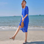 裙子女2023夏天蓝色雪纺，连衣裙薄款高腰包(高腰包，)臀气质沙滩长裙超仙