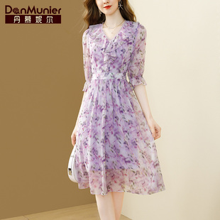 丹慕妮尔法式优雅紫色，v领雪纺，连衣裙女夏气质收腰印花裙
