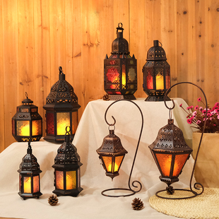 摩洛哥风情烛台多款铁艺，镂空彩色玻璃风灯复古蜡烛，灯黑色浪漫摆件